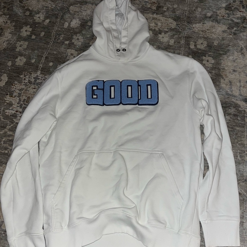White Hoodie with Blue 'GOOD' Design